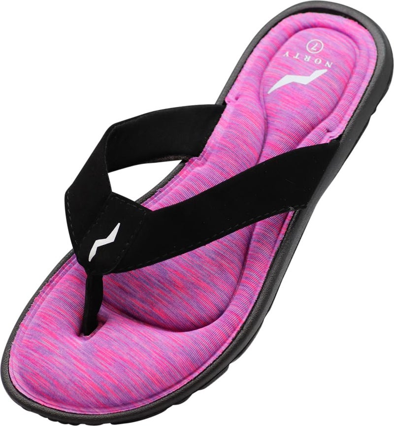 NORTY Womens Memory Foam Sandals, Flip Flops - Shower, Pool & Beach Sandals, Water Shoes, Slip-On Casual Flip Flops for Women, Indoor and Outdoor - Black & Fuchsia, Runs One Size Small - Image 1
